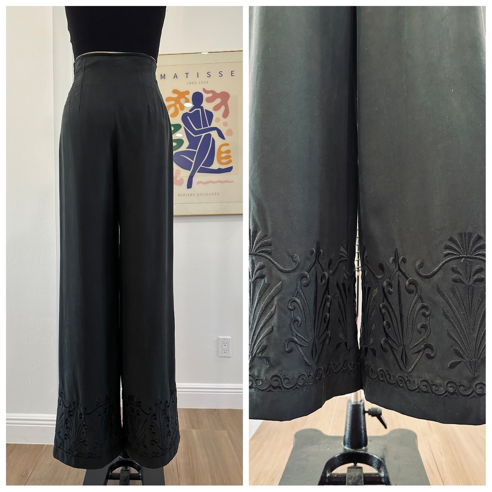 Chic Black Embroidered Wide Leg Women's Pants